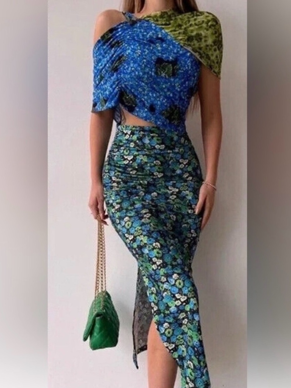 Green Floral One-Shoulder Midi Dress - Unbranded